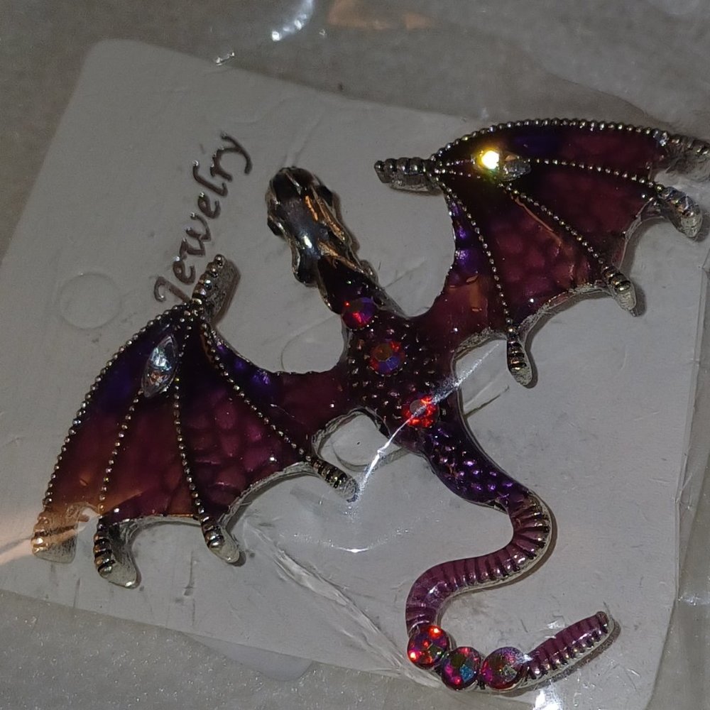 Dragon Flying Pteradactyl Pin Brooch Halloween Metallic Fashion Jewelry Purple - Picture 2 of 16